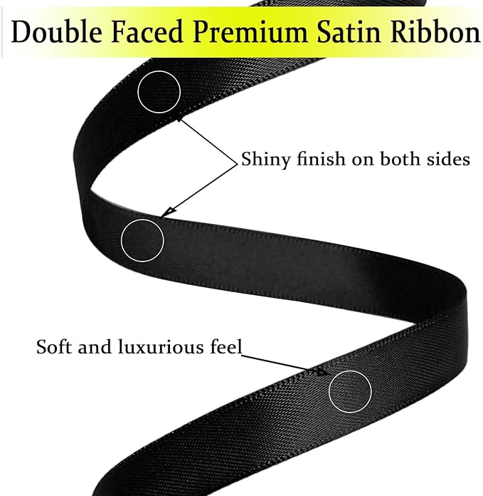 Black Satin Ribbon Double Faced Satin 1/2 inch x 55 Yards Polyester Ribbon for Gift Wrapping Crafts Wedding Decoration Bows Ornaments Party Bouquet Floral Arrangement