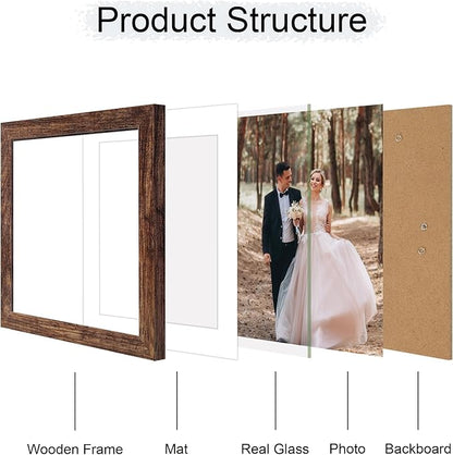 10x10 Picture Frame Set of 4 with Real Glass, Rustic Frames Display 8x8 Picture with Mat or 10 x 10 Without Mat, Wooden Square Photo Frame for Wall Mount and Tabletop Display