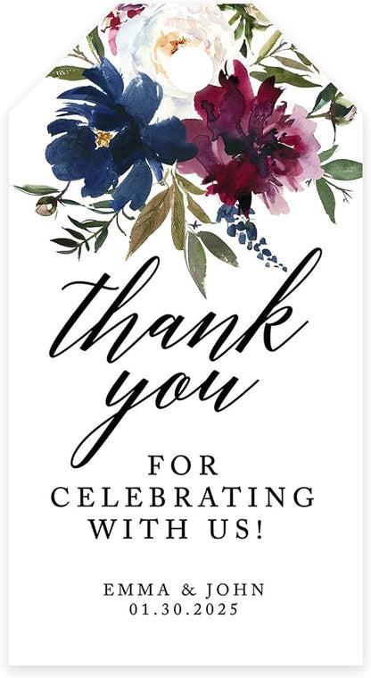 Andaz Press 100-Pack Personalized Thank You for Celebrating with Us Wedding Favor Tags with Bakers Twine Navy Blue Burgundy Florals Custom Cardstock Wedding Gift Tags for Party Favors 2 x 3.75-Inches