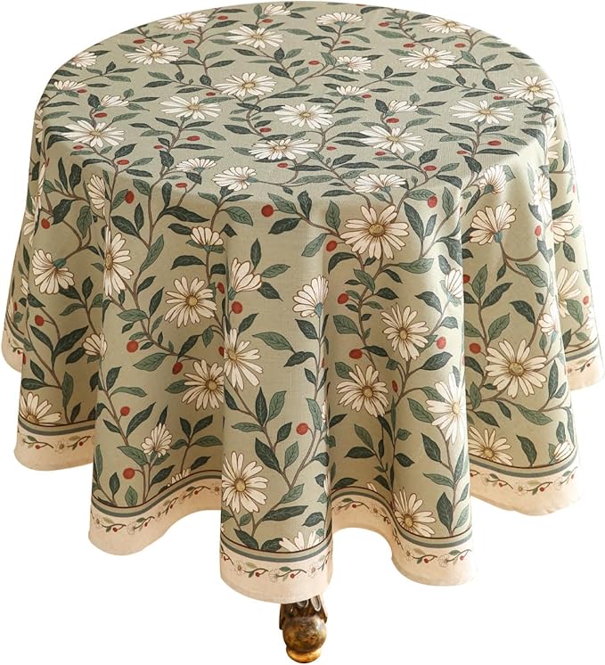 ISAENNE Designer Green Linen Round Tablecloth,Floral French Country Indoor Table Cloth,Stain Resistant Home Decor Tablecloths for Dining Kitchen Thanksgiving Christmas Party,67"*67"-Brune