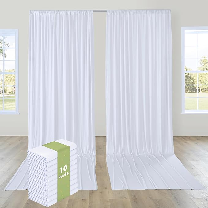 PartyVillage 50ft×15ft White Backdrop Curtain for Wedding Parties, 10 Panels Wrinkle Free 15 FT Long Polyester Photo Backdrop Drapes Back Drop Cloth for Birthday Photography Background