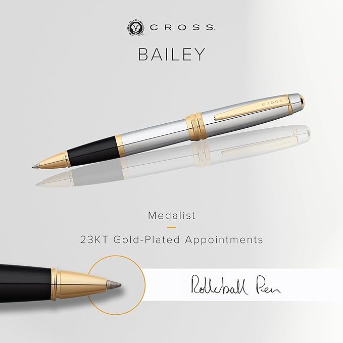 Cross Bailey Refillable Rollerball Pen Presented in a Premium Gift Box - Medium Point, Black Ink, Medalist