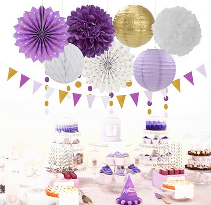 Purple-Gold Party Decorations Streamers Lanterns - 14pcs White Lavender Paper Fan Graduation Woman Birthday Wedding Bridal Shower Tissue Pom Poms,Honeycomb Balls Decor Ouruola