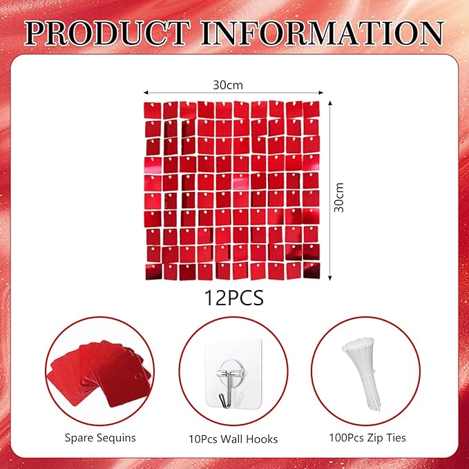 12PCS Red Shimmer Wall Backdrop, Square Sequin Photo Backdrops Panel, Glitter Wall Background for Birthdays, Weddings, Christmas, Baby Showers, Disco Bachelorette Party Decoration (3FTx4FT)