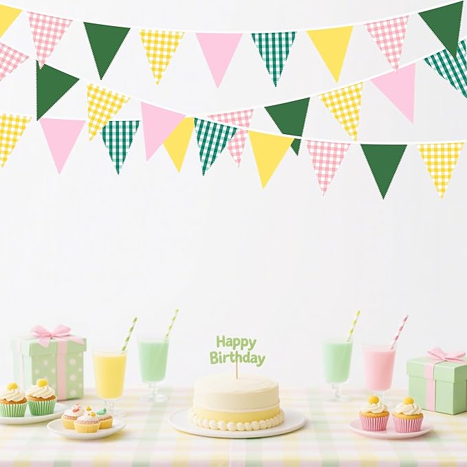 32Ft Camp Bride Party Decorations Pink Green Yellow Gingham Fabric Triangle Banner Flag Plaid Pennant Garland Streamers for Camping Bachelorette Glamping Baby Shower Picnic Birthday Decor Supplies