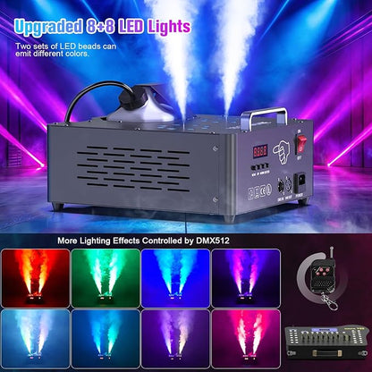 2000W Professional Fog Machine Dual Nozzle with 16 RGB LED, DMX Control Adjustable Smoke Direction, 2.5L Tank LCD Display 30000CFM for Halloween Christmas Stage DJ Party Club Events-4PC