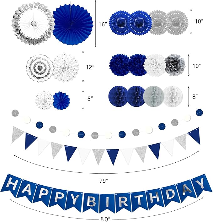 Navy Blue and Silver Happy Birthday Party Decoration 24Pcs Hanging Paper Fans Pom Poms Flowers, Garland String Polka Dot, Happy Birthday Banner for Boy Birthday Baby Shower Blue Birthday Decorations