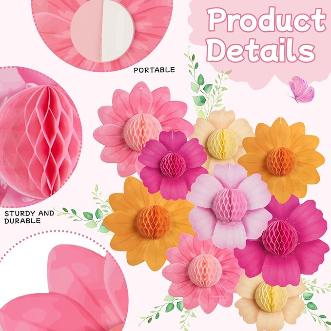SUNBEAUTY 9 PCS Hot Pink and Orange Party Decorations Fall Large Hanging Paper Flowers Honeycomb Tissue Fiesta Sunset Autumn Decor for Birthday Thanksgiving Wedding Bridal Baby Shower Backdrop Wall