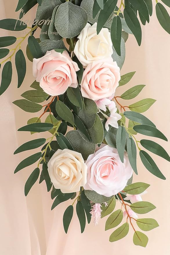 Floroom 6ft Artificial Eucalyptus Garland with Flowers Fake Greenery Faux Floral Vine Garland for Table Decor Wedding Centerpieces Bridal Shower Party Decorations, Blush & Cream