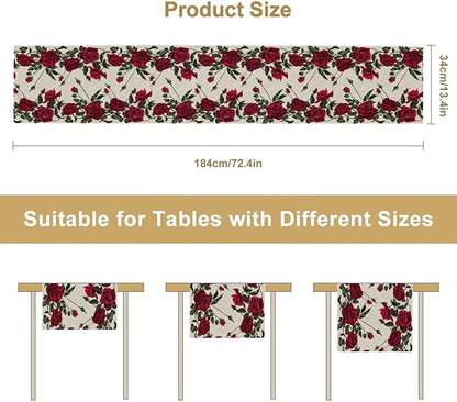 Rose Table Runner, Retro Red Rose Flowers Green Leaves Valentine's Day Kitchen Dinning Table Runner for Indoor Outdoor Home Wedding Party Holiday, 13x108 Inch