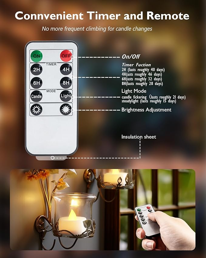 Homemory 12pcs Flameless LED Tea Lights with Remote & Timer, 400+Hours Realistic Flickering Battery Candles for Seasonal, Tabletop, and Centerpieces Decor