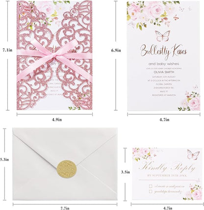 25pcs Glitter Laser Cut Wedding Invitation Kits Pink Personalized Invitation Pockets 5×7 Invitations with Envelopes and RSVP Cards Blank for Wedding Quinceanera Bridal Shower Engagement Birthday Party