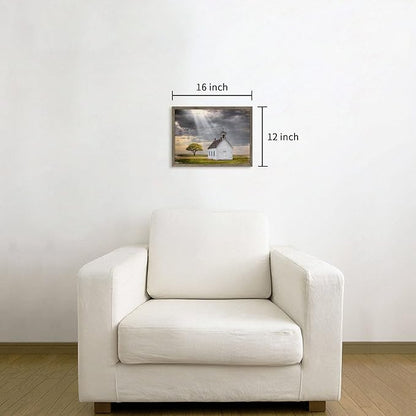 Beautiful Scene Wooden Art Framed: Little House under the Sun Wood Artwork Painting with Framed for Office (12'' x 16'' x 1 Panel)