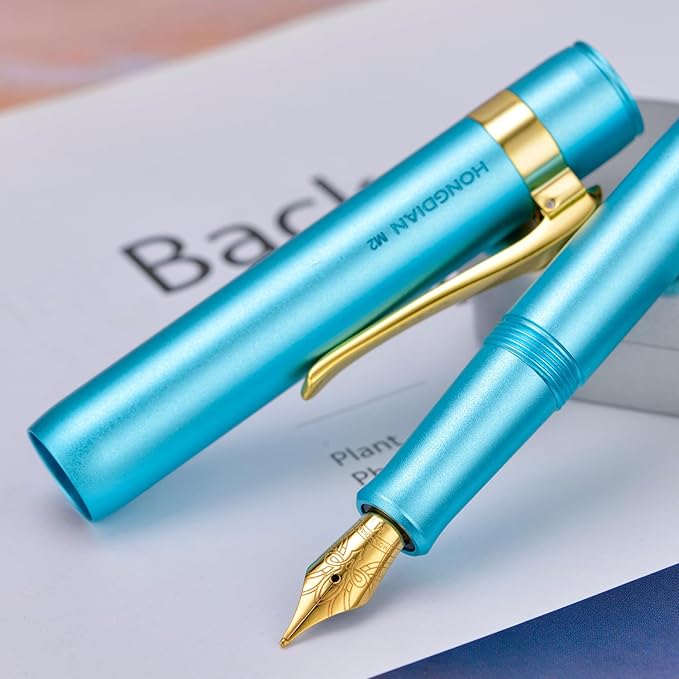 HONG DIAN M2 Black Forest Mini Fountain Pen, Extra Fine Soft Nib & Sleek Shape Aluminium Short Pocket Travel Pen (Lake Blue)