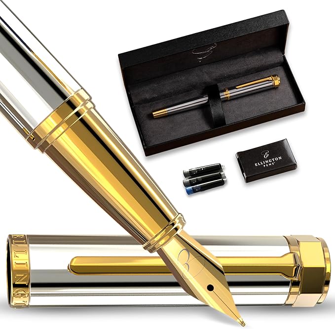 Ellington Pens Luxury Fountain Pen Set- Fountain Pens for Writing - Smooth Fine Nib - Includes Refillable Ink Converter, 3 Ink Cartridges [Black & Blue], Gift Box - Elegant Calligraphy