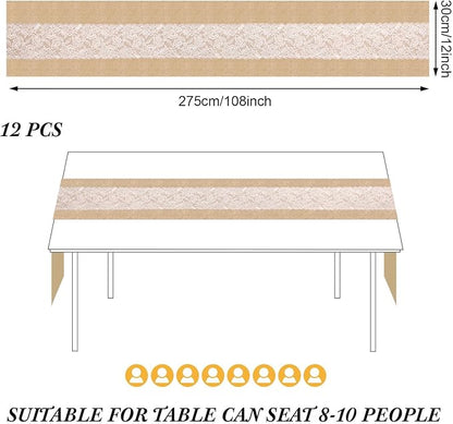 Xinnun 12 Pcs Burlap Table Runner with Lights 12 x 108 Inches Burlap Lace Table Runner Rustic Wedding Decorations Home Party (Flower)