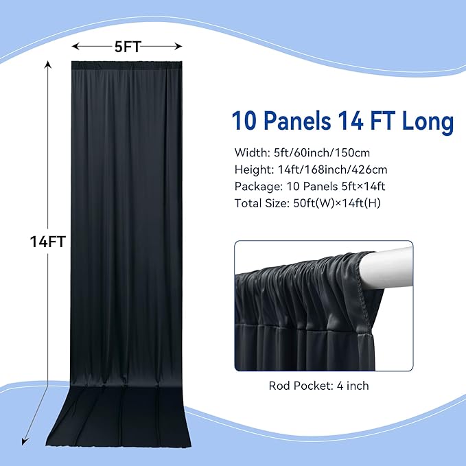 50×14ft Wrinkle Free Black Backdrop Curtain for Parties Wedding,10 Panels 5×14ft Height Soft Silky Polyester Photo Backdrop Drapes for Birthday Graduation Photography Stage Event Background Cloth