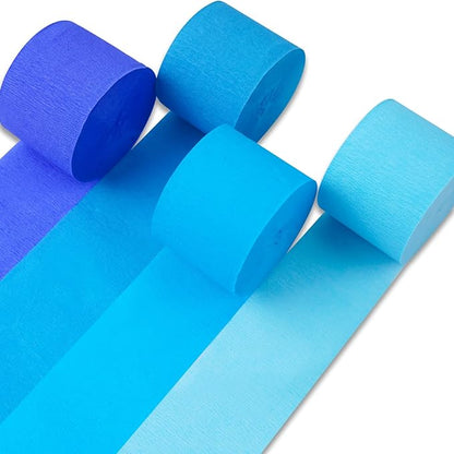 PartyWoo Blue Crepe Paper Streamers 4 Rolls 328 ft Pack of Dark Light Pastel Blue Crepe Paper for Baby Shower Gender Reveal Graduation Anniversary Birthday Party Decorations (1.8 Inch x 82 Ft/Roll)