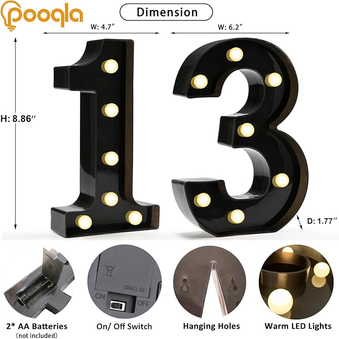 Pooqla Decorative Led Light Up Number Letters, Black Plastic Marquee Number Lights Sign for 13th Birthday Party Wedding Decor Battery Operated Black Number 13