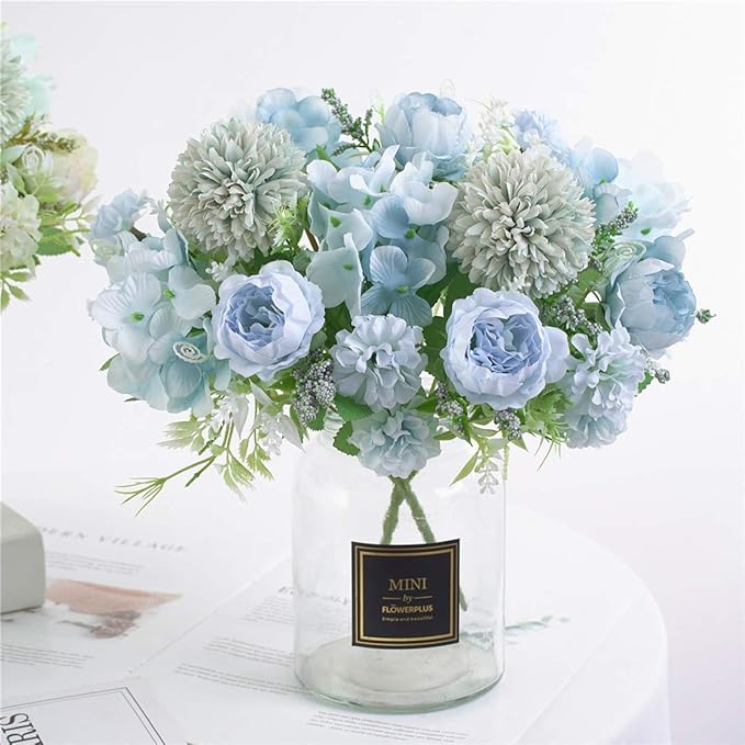 Artificial Flowers, Fake Peony Silk Hydrangea Bouquet Decor Plastic Carnations Daisy Realistic Flower Arrangements Wedding Decoration Table Centerpieces,for Home Office Party Decor 2 Pcs(Blue)