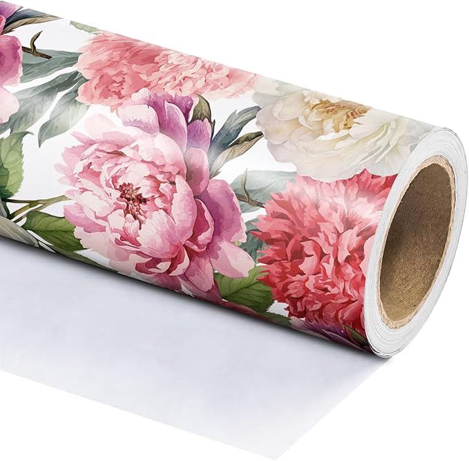 WRAPAHOLIC Floral Wrapping Paper Roll - Mini Roll - 17 Inch x 9.8 Feet - Red Pink Flower Wrapping Paper Perfect for Girls Women Birthday, Wedding, Bridal Shower