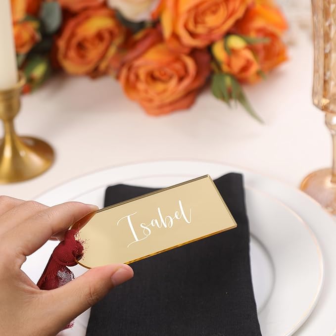 UNIQOOO 20 Pcs Mirror Gold Acrylic Place Cards, 3.9x1.6 inches DIY Blank Hanging Tags, Perfect for Wedding Table Decor, Birthday, Centerpiece, Decoration, Party, Anniversary, Event