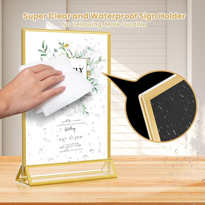 5x7 Gold Acrylic Sign Holder, 12 Pack Wedding Table Number Stands With Vertical Gold Borders, Double Sided Picture Frame Paper Stand, Clear Photo Display Menu for Party, Home, Restaurant