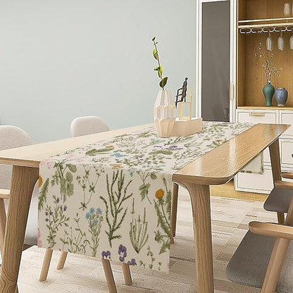 Floral Botanical Table Runner, Garden Spring Flower Botanical Butterfly Animal for Restaurant, Kitchen, Wedding, Party Rectangular Table Runner Decoration,13in（33cm） W * 120in（305cm） L