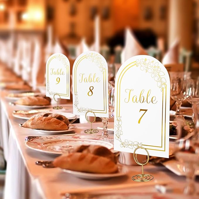 Wedding Table Numbers 1-40, 40 White Gold Cards with 40 Gold TableNumber Holders for Wedding Reception(Card and Holder)