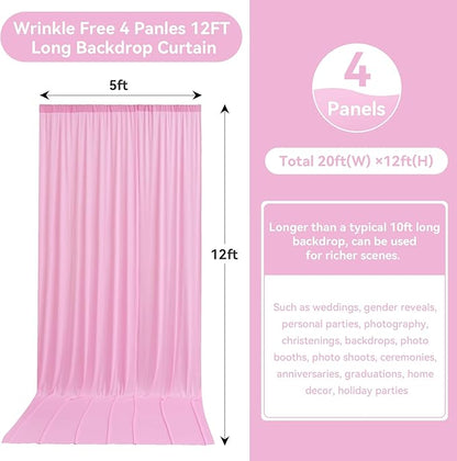 20ftx12ft Wrinkle Free Pink Backdrop Curtain, 4 Panels 12FT Height Pink Wedding Backdrop Drapes, Silky Polyester Back Drop Cloth for Birthday Photography Background Party Backdrop Draping
