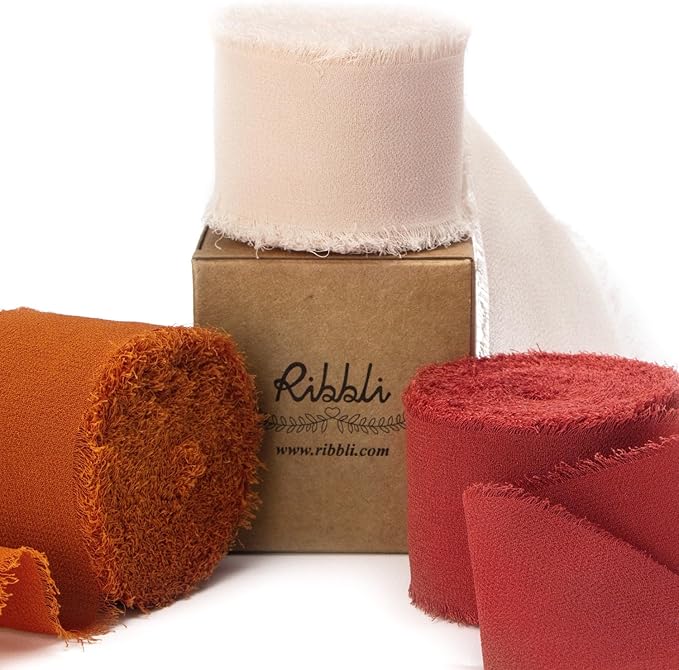 Ribbli Chiffon Silk Ribbon, 1.5 inch x 30 Yard, Champagne/Terracotta/Rust Red Fringe Chiffon Fall Ribbon for Wedding Invitations, Bridal Bouquets Wrapping, Flower Arrangement Decoration
