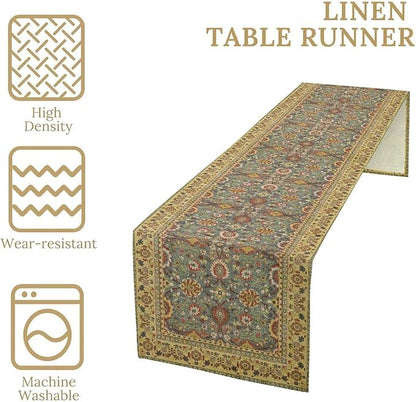 Boho Floral Vintage Beige Blue Table Runner, Retro Flower Rustic Country Farmhouse Abstract Pattern for Home Kitchen Table Decor Dining Coffee Room Party Decor 13x90in