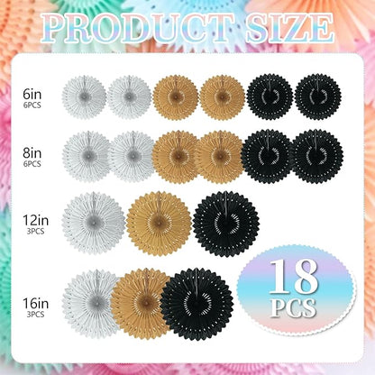 18 Pcs Black Gary Khaki Hanging Honeycomb Paper Fans, Round Paper Fan Decorations for Weddings, Birthdays, Bachelorette, Photo Booth Backdrops, Baby Shower, Anniversary Events Party Supplies