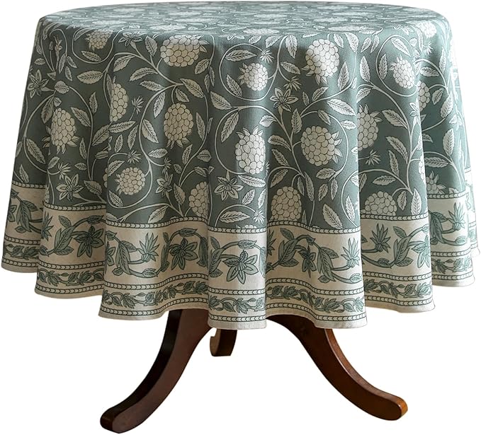 ISAENNE Designer Grayish Green Linen Round Tablecloth,Floral Elegant Stain Resistant Table Cloth,Fall Vintage Decor Tablecloths for Dining Thanksgiving Kitchen Party,Diameter 67"-Andrew A