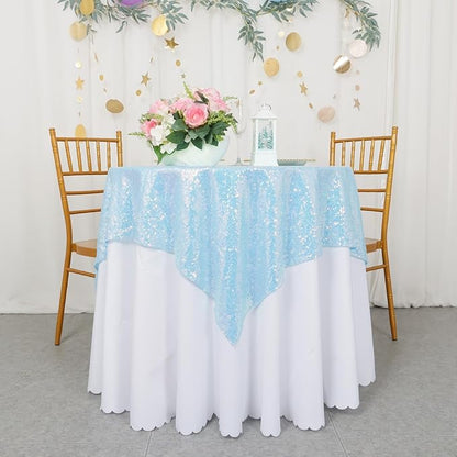 ShinyBeauty Iridescent Aqua Sequin Tablecloth Square Tablecloths Glitter Table Overlay Aqua Blue TableCover Sequin Table Cloth Small Linen for Birthday Baby Shower Decor (54”X54”)