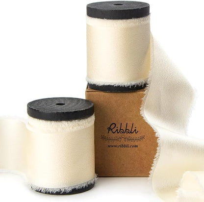 Ribbli Ivory Silk Satin Ribbon 1.5 Inch x 12 Yard Handmade Frayed Chiffon Ribbon with Wooden Spool for Gift Wrapping, Wedding Invitations, Bridal Bouquets, Home Decor