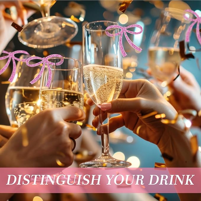 50 Pcs Bows Drink Tags Coquette Bow Wine Glass Charms Acrylic Bowknot Drink Tag for Bachelorette Birthday Wedding Coquette Tasting Party Decor Accessory(Glittery Pink)
