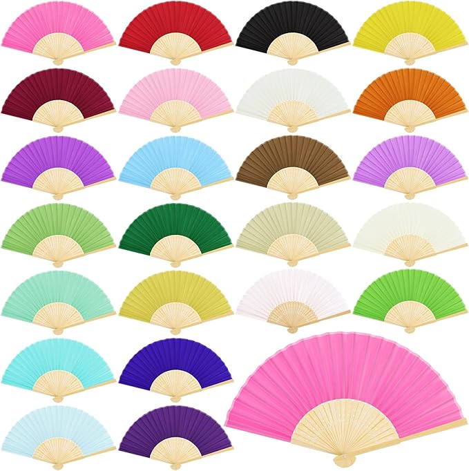 URATOT 24 Pieces Folding Fans Silk Bamboo Folding Fans Handheld Fans for Wedding, Party Decoration (Assorted Colors)