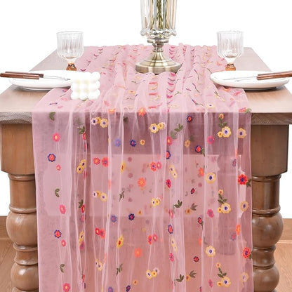 Joanlody Blushing Pink Embroidery Daisy Fall Thanksgiving Table Runner Florals Seasonal Tulle Table Runner Holiday Kitchen Dining Table Decoration for Home Party Indoor