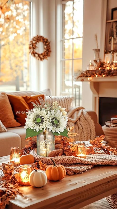 Silk Sunflowers Artificial Flowers with Mason Jar Centerpiece for Table White Fall Flowers in Vase Small Fall Floral Arrangement with Vase Thanksgiving Centerpiece for Dining Room Table Autumn Decor