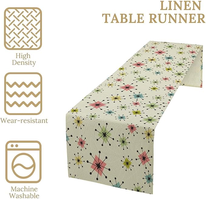 Mid Century Table Runner, Flag Retro Atomic Starburst 1950s Abstract Geometric Space Tabletop Decoration for Home Kitchen Restaurant Table Flag 13x108 Inch