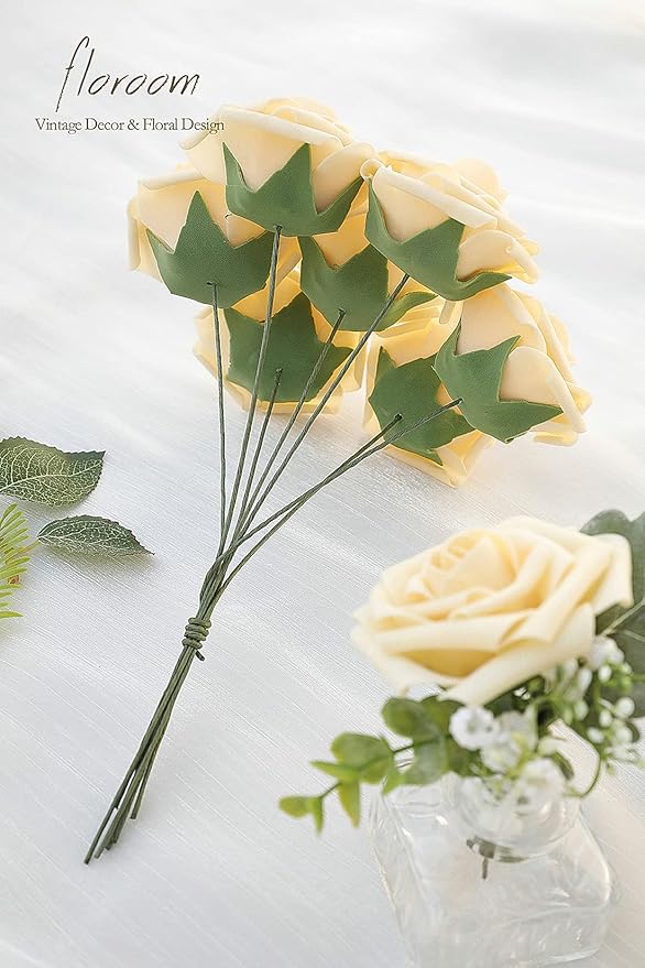 Floroom Artificial Flowers 50pcs Real Looking Creamy Yellow Foam Fake Roses with Stems for DIY Wedding Bouquets Bridal Shower Centerpieces Floral Arrangements Party Tables Home Decorations