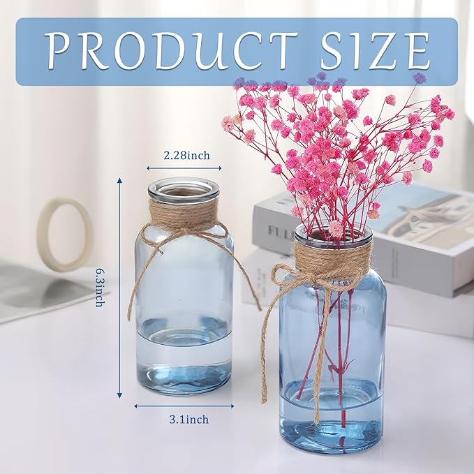 Blue Glass Flower Vases for Centerpieces Set of 6, Mason Jars Boho Cylinder Bud Vases in Bulk, for Weddings Parties Vintage Home Decor