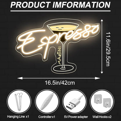 Espresso Martini Neon Sign, Cocktail Club Wall Art Decor,Tini Time Wall Decor,Martini Lover Gift,Retro Espresso wall sign,Retro Alcohol Gift, 16.5"x11.6"