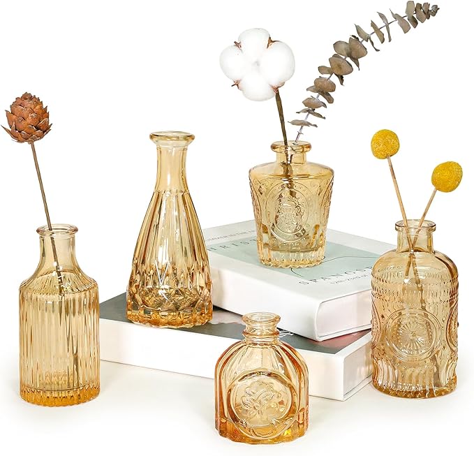 Glass Bud Vase Set of 5, Gold Amber Small Flower Vases for Centerpieces in Bulk, Mini Vintage Vase for Rustic Wedding, Home,Table Decoration