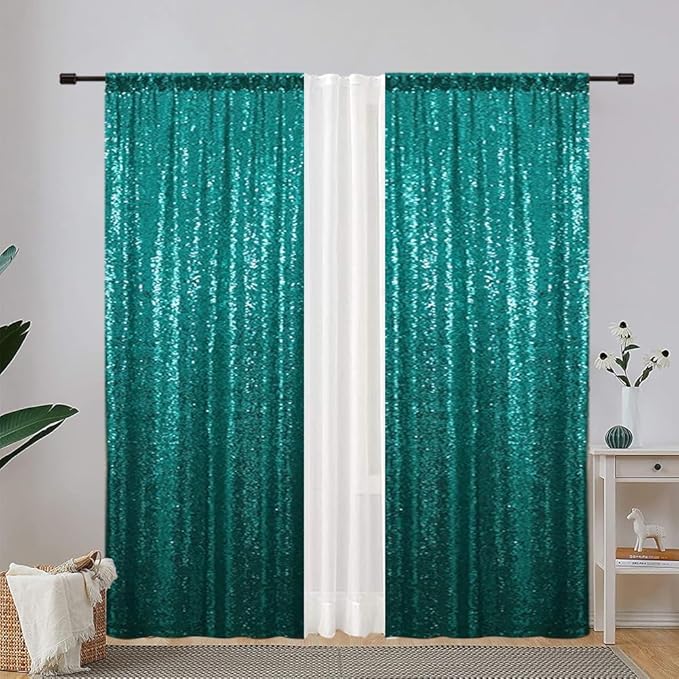 Eternal Beauty Sequin Backdrop Curtains, 2x8 Ft-2 Panels Teal Back Drop for Shimmer Photography Party Wedding Birthday Decor