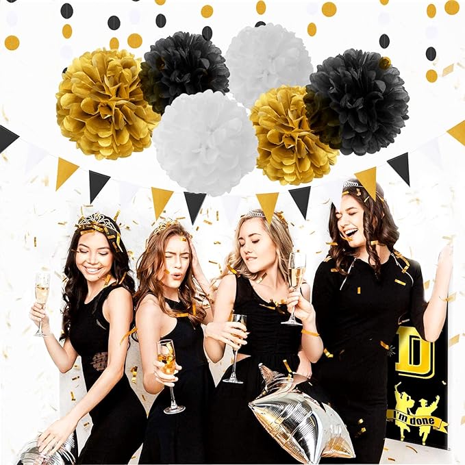 Black Gold Graduation Party Decorations - 23pcs Kits Farewell Tissue Pom Poms Flowers,Streamers Banner,Tassel Garland 50th Men Birthday Bachelorette Baby Shower Decoration Bunting Lasting Surprise