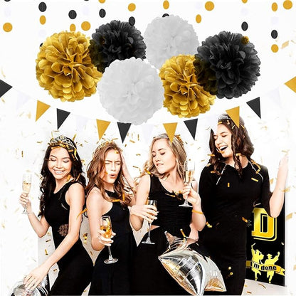 Black Gold Graduation Party Decorations - 23pcs Kits Farewell Tissue Pom Poms Flowers,Streamers Banner,Tassel Garland 50th Men Birthday Bachelorette Baby Shower Decoration Bunting Lasting Surprise