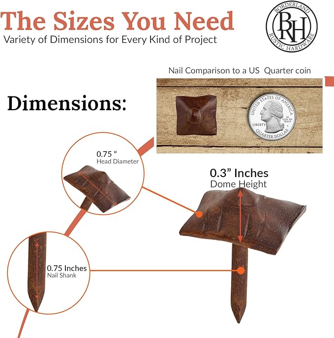 50 Pack 0.75" Square Head Iron Clavos Decorative Nails – Sealed Rusted – Handmade Rustic Square Fasteners for Farmhouse Shutters, Barn Doors, Shutters, and Gates – Ornamental Wood Accent