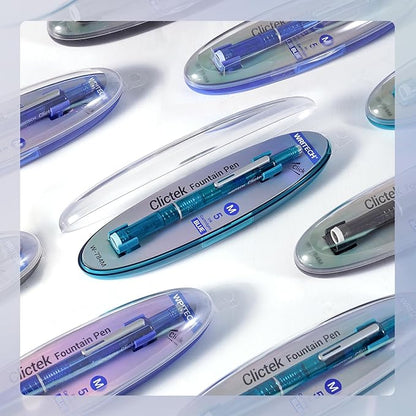 WRITECH Clictek Fountain Pen Set: Retractable Style Blue Ink Medium Nib Transparent Barrel, Includes 5 Ink Cartridges for Gift Set, Smooth Writing No Leaking